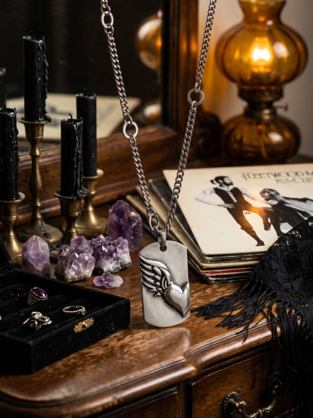 Unique Vintage Silver Angel Wing Wild Heart Dog Tag Pendant Chain LOVE Necklace